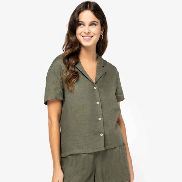 Spasso Ladies Short Sleeve Linen Bowling Collar Shirt Thumbnail
